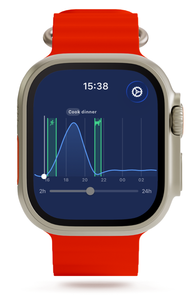 The Calendar Weather app on Apple Watch Ultra: the rain curve with a dry window before the storm and a calendar event, and the green best-window band