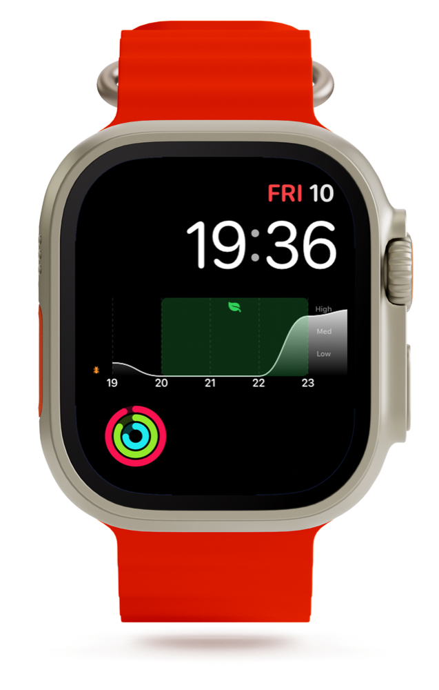 Apple Watch Ultra face with the Calendar Weather complication and Activity rings: the rain curve and the green best-window band, right on the watch face